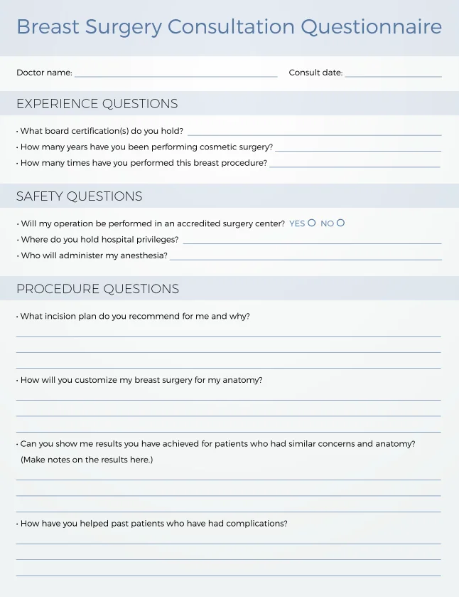 Printable Goffas Breast Surgery Consultation Questionnaire page 1